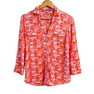 J McLaughlin Floral Preppy Top Womens‎ Size M Linen Blend Button Up Classic